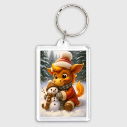 Брелок прямоугольный 35*50 Новогодняя сказочная лошадь и снеговик