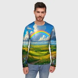 Мужской лонгслив 3D Радуга над цветущими лугами - фото 2