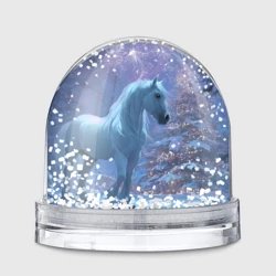 Игрушка Снежный шар Белая лошадь на фоне елки и салюта