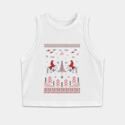 Женская укороченная майка-топ хлопок Красные кони и лес в стиле Мезенской росписи