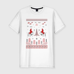 Мужская футболка хлопок Slim Красные кони и лес в стиле Мезенской росписи