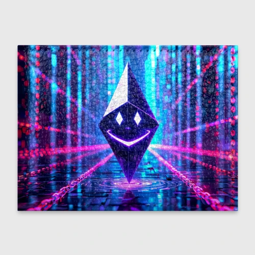 Обложка для студенческого билета Улыбающийся Ethereum в киберпространстве
