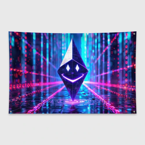 Флаг-баннер Улыбающийся Ethereum в киберпространстве