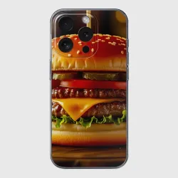 Чехол для iPhone 15 Pro Max силиконовый с защитой камеры Двойной чизбургер с картошкой фри