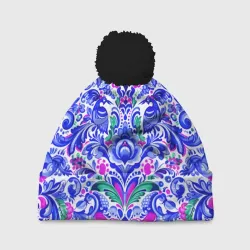 Шапка 3D c помпоном Русский паттерн с птицами