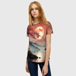 Женская футболка 3D Красная луна над тихим озером - фото 2