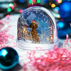 Игрушка Снежный шар Удивленная новогодняя такса в гирлянде на фоне города - фото 2