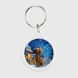 Брелок круглый Удивленная новогодняя такса в гирлянде на фоне города