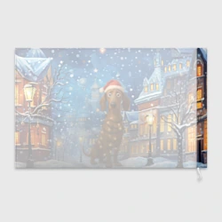 Флаг 3D Удивленная новогодняя такса в гирлянде на фоне города - фото 2