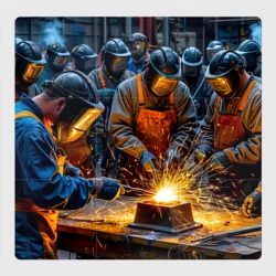 Магнитный плакат 3Х3 Команда сварщиков в цехе