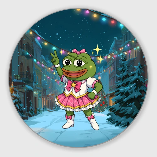 Круглый коврик для мышки Лягушка Pepe новогодняя в платье