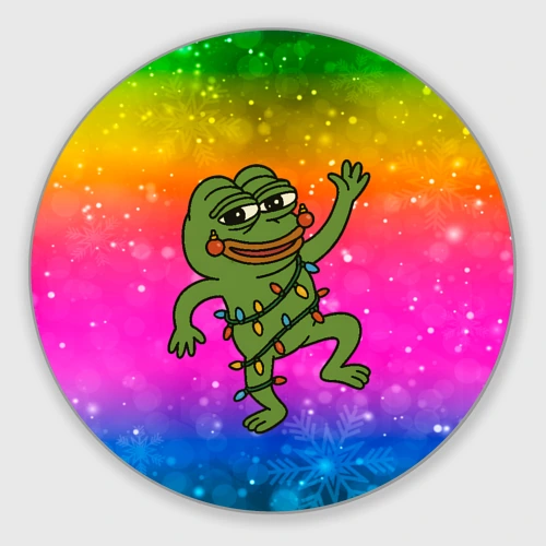 Круглый коврик для мышки Новогодний Pepe в гирлянде танцует
