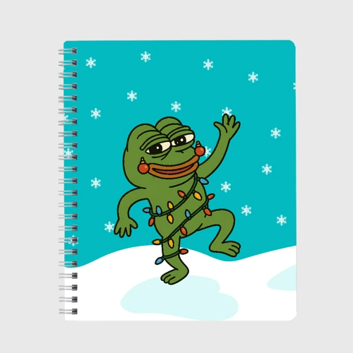 Тетрадь Новогодний Pepe в гирлянде на фоне снежинок
