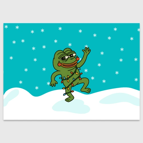 Поздравительная открытка Новогодний Pepe в гирлянде на фоне снежинок 