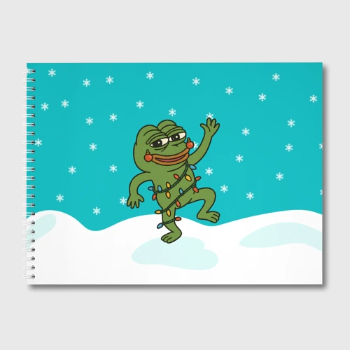 Альбом для рисования Новогодний Pepe в гирлянде на фоне снежинок 