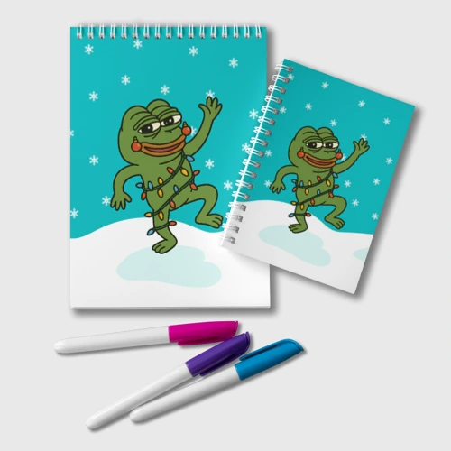 Блокнот Новогодний Pepe в гирлянде на фоне снежинок