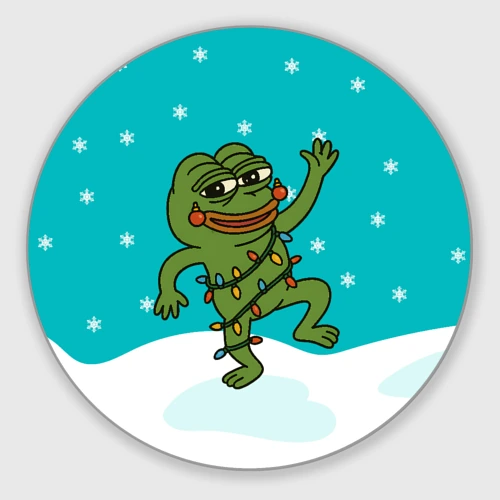 Круглый коврик для мышки Новогодний Pepe в гирлянде на фоне снежинок 