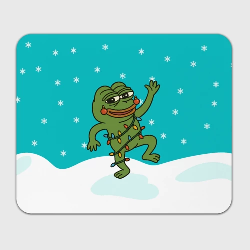 Прямоугольный коврик для мышки Новогодний Pepe в гирлянде на фоне снежинок 