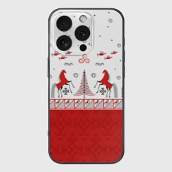 Чехол для iPhone 16 Pro Max силиконовый с защитой камеры Красные кони и лес по мотивам Мезенской росписи