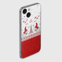 Чехол для iPhone 15 силиконовый с защитой камеры Красные кони и лес по мотивам Мезенской росписи - фото 2