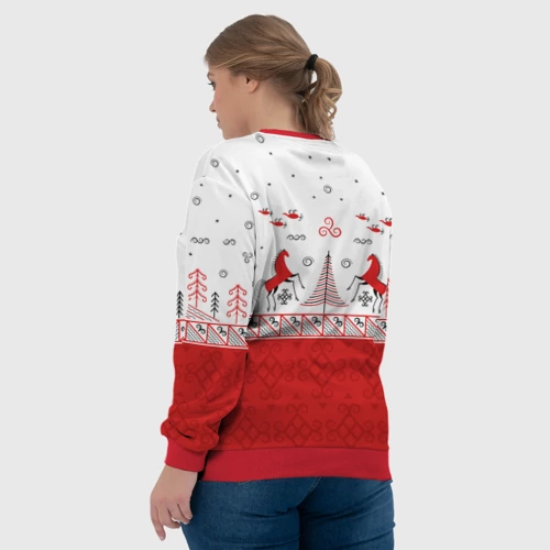 Женский свитшот 3D Красные кони и лес по мотивам Мезенской росписи - фото 7
