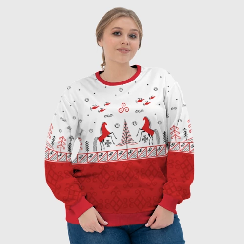 Женский свитшот 3D Красные кони и лес по мотивам Мезенской росписи - фото 6