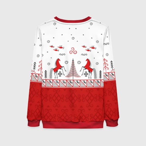 Женский свитшот 3D Красные кони и лес по мотивам Мезенской росписи - фото 2