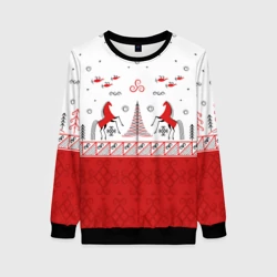Женский свитшот 3D Красные кони и лес по мотивам Мезенской росписи