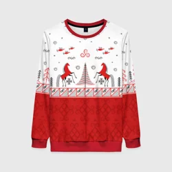 Женский свитшот 3D Красные кони и лес по мотивам Мезенской росписи