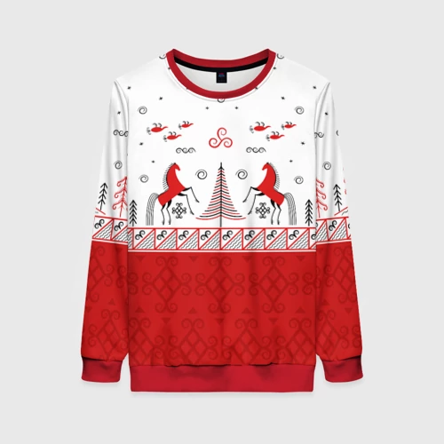 Женский свитшот 3D Красные кони и лес по мотивам Мезенской росписи