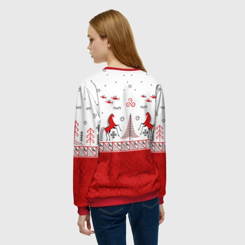 Женский свитшот 3D Красные кони и лес по мотивам Мезенской росписи - фото 4