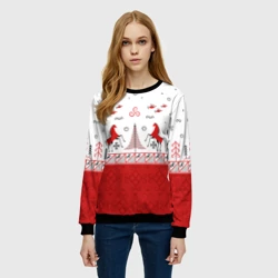 Женский свитшот 3D Красные кони и лес по мотивам Мезенской росписи - фото 2