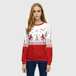 Женский свитшот 3D Красные кони и лес по мотивам Мезенской росписи - фото 2