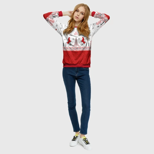 Женский свитшот 3D Красные кони и лес по мотивам Мезенской росписи - фото 5