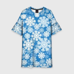 Детское платье 3D Паттерн из снежинок на голубом фоне