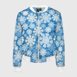 Женский бомбер 3D Паттерн из снежинок на голубом фоне