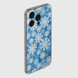 Чехол для iPhone 16 Pro Max силиконовый с защитой камеры Паттерн из снежинок на голубом фоне - фото 2