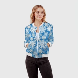 Женский бомбер 3D Паттерн из снежинок на голубом фоне - фото 2