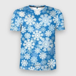 Мужская футболка 3D Slim Паттерн из снежинок на голубом фоне