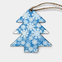 Игрушка деревянная Ёлочка Паттерн из снежинок на голубом фоне