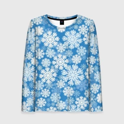 Женский лонгслив 3D Паттерн из снежинок на голубом фоне