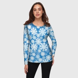 Женский лонгслив 3D Паттерн из снежинок на голубом фоне - фото 2