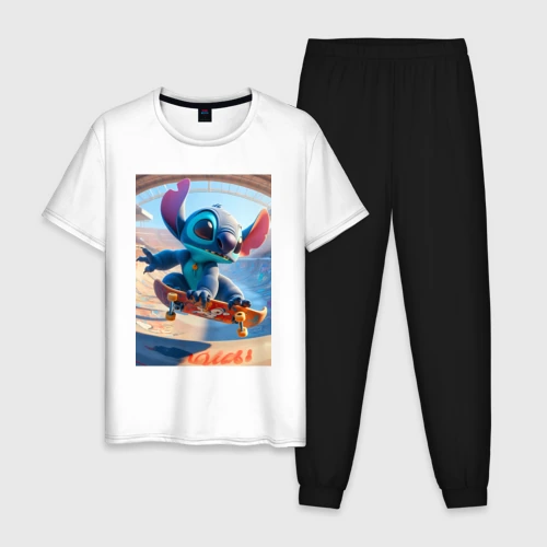 Мужская пижама с белой футболкой хлопок Stitch is a cool skateboarder