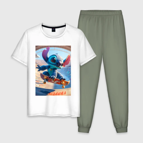 Мужская пижама с белой футболкой хлопок Stitch is a cool skateboarder