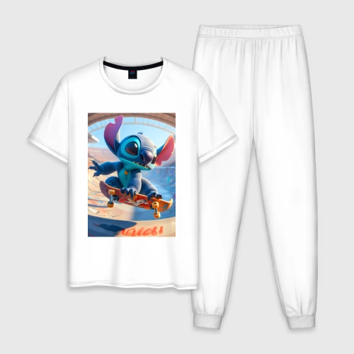 Мужская пижама с белой футболкой хлопок Stitch is a cool skateboarder