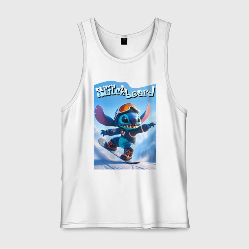 Мужская майка хлопок Stitch on a snowboard 