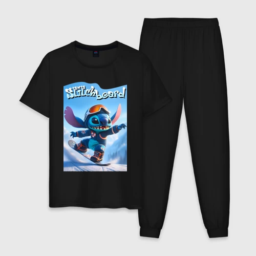 Мужская пижама хлопок Stitch on a snowboard 