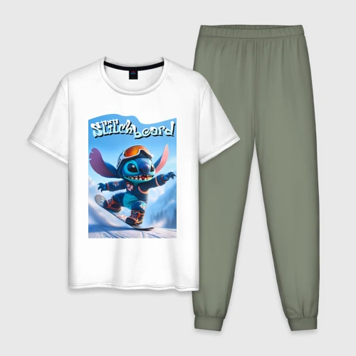 Мужская пижама с белой футболкой хлопок Stitch on a snowboard 