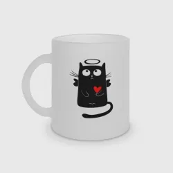 Кружка матовая стеклянная Чёрный котик ангел с нимбом
