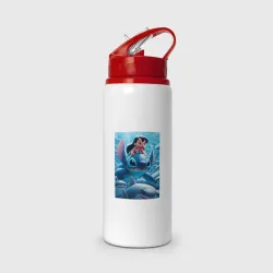 Бутылка для воды с трубочкой Лило верхом на Стиче под водой среди акул
